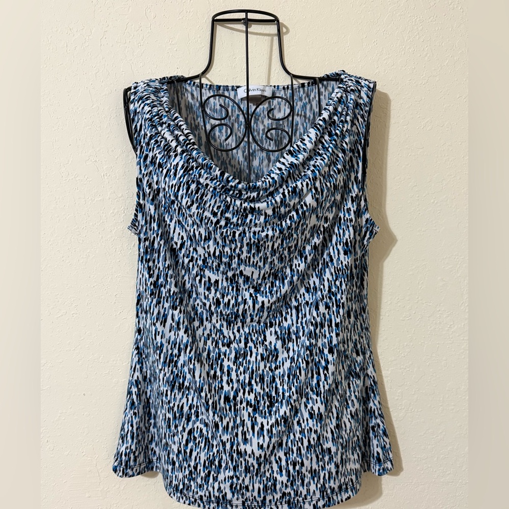 Calvin Klein Blue and Black Ruched Sleeveless Blouse
